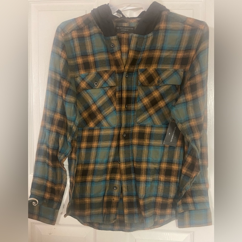 No Boundaries Blue and Brown Plaid Button-Up Shirt with Hood! NWT! Size XS!